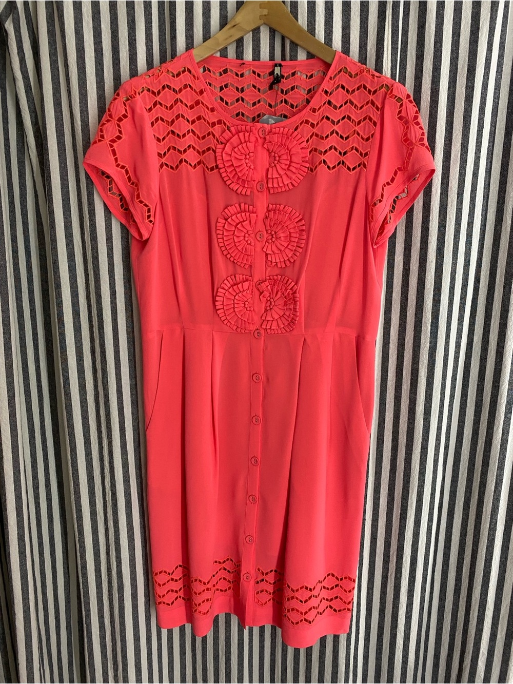 Nanette Lepore Dress vintage silk Orange Coral Button-Front w Rosette Detail S - Picture 3 of 4